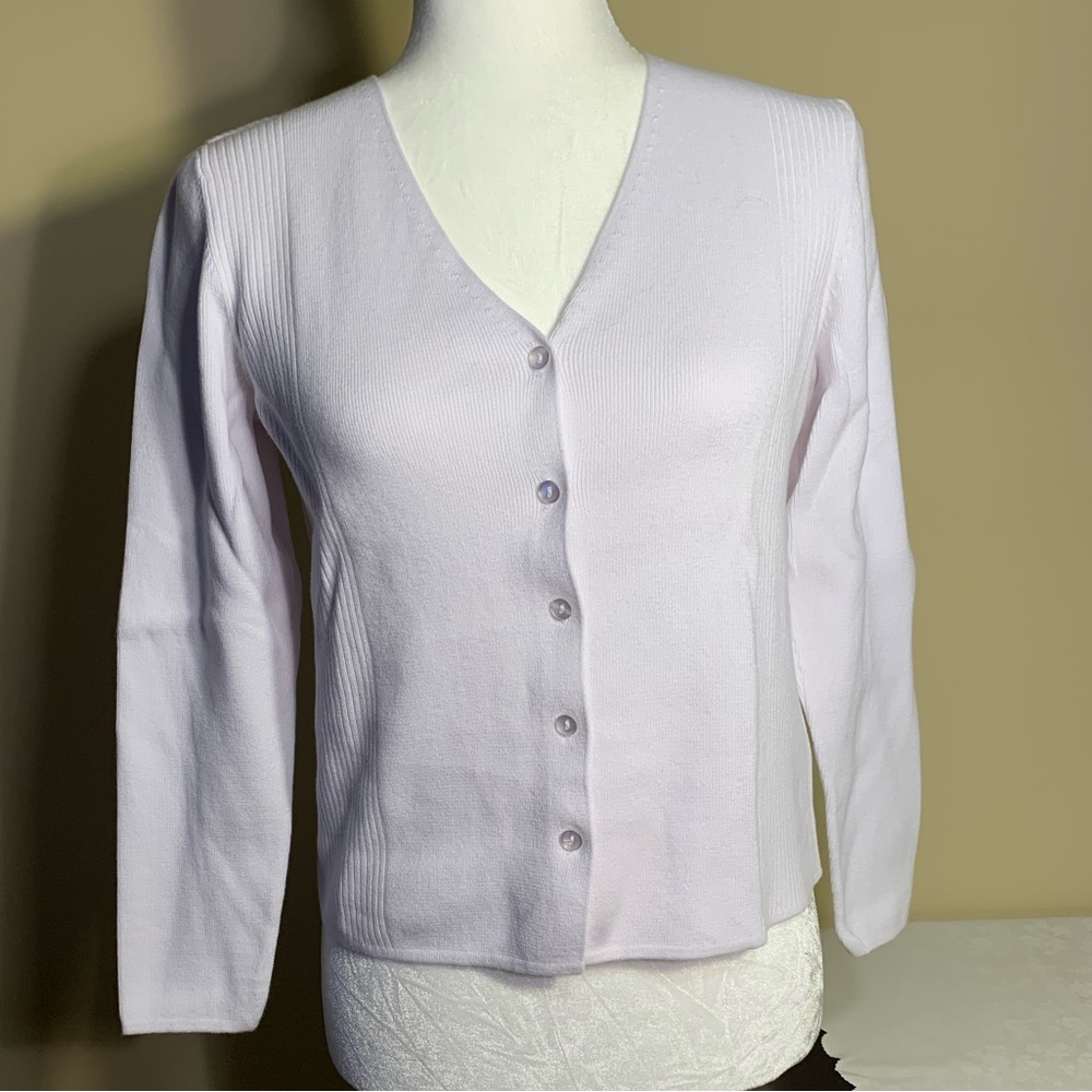 EUC Sweater: Bright White, Cardigan, V-Neck, Collarless, Button Up, RibbedPanels